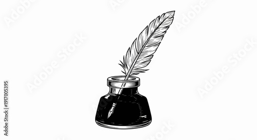 A black inkwell with a quill pen dipped inside