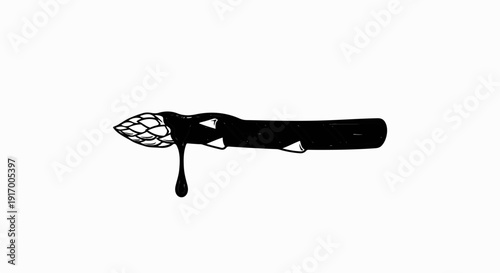 A black ink drawing of a single asparagus stalk with dripping sauce