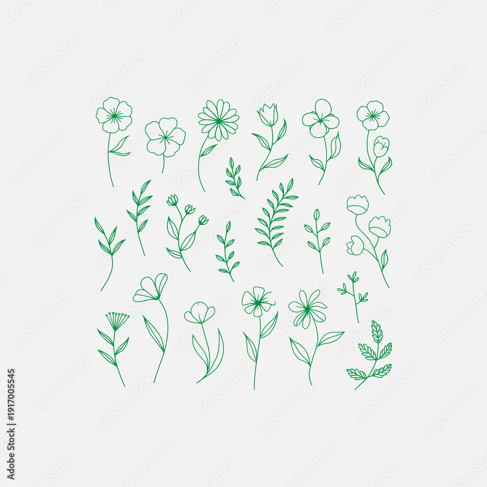 Fototapeta premium green floral background Collection of Hand-Drawn Floral Botanical Doodles in Green. Green Floral Graphic bundle collection Elements for Bullet Journaling and Notebook Design.
