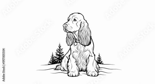 A black and white sketch of a spaniel dog sitting in a snowy landscape