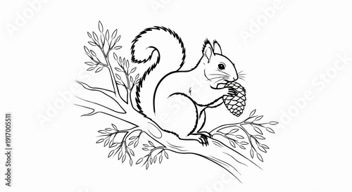 A black and white sketch of a squirrel perched on a tree branch, holding a pinecone