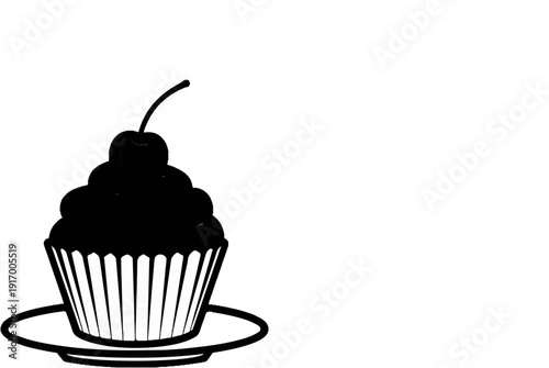 A black silhouette of a cupcake with a cherry on top