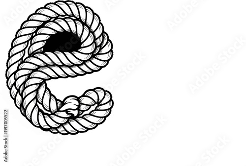 A black and white sketch of a thick, twisted rope forming a coiled shape