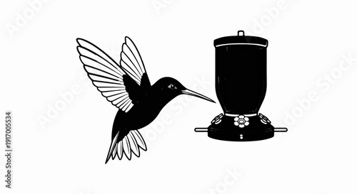A black silhouette of a hummingbird hovers near a bird feeder