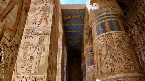 Medinet Habu temple colonnade with hieroglyphic inscriptions and relief carvings in Luxor Egypt, massive sandstone columns with papyrus capitals under dramatic blue sky.