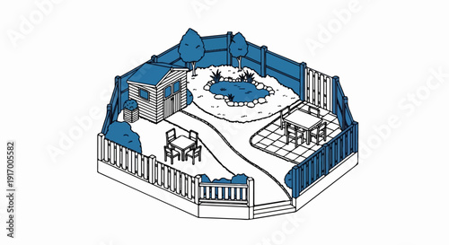 A charming isometric garden scene with a pond, shed, and seating areas