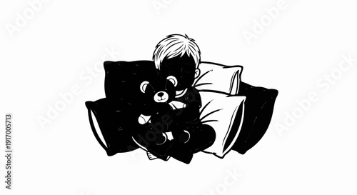 A child asleep with a teddy bear on a pile of pillows