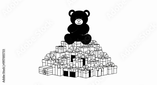 A black teddy bear sits atop a large pile of wrapped gifts with ribbons