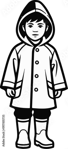 A child wearing a rain coat and boots, ready for wet weather