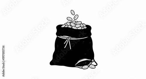 A black bag overflowing with coffee beans, some spilling out