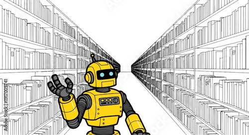 A cheerful yellow robot with blue eyes waves in a library aisle