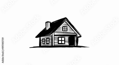 A black and white sketchy drawing of a wooden cabin with a chimney