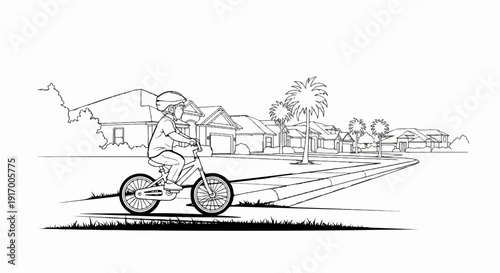 A child on a bicycle rides down a suburban street lined with houses