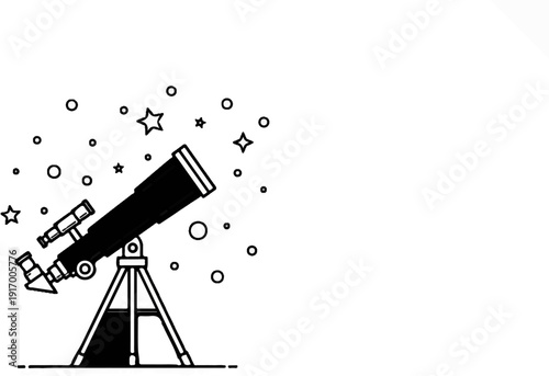 A black telescope on a tripod is pointed skyward among scattered star shapes