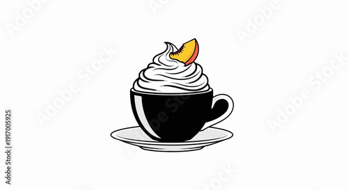 A black coffee cup overflows with whipped cream and a peach slice