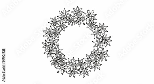 A decorative circular arrangement of star anise seed pods in black and white