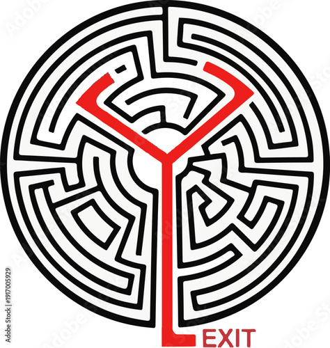 A circular maze with a red path leading to the exit