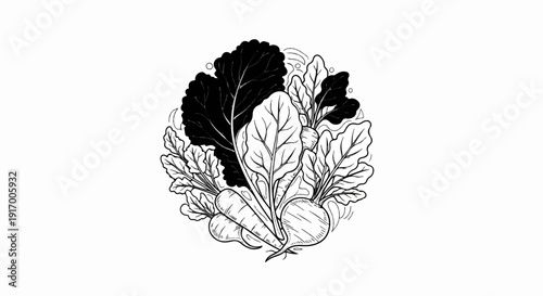 A circular, monochrome illustration of root vegetables and leafy greens