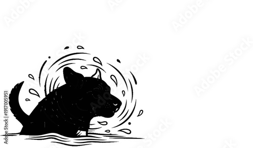 A black dog swims joyfully, splashing water in an artistic style