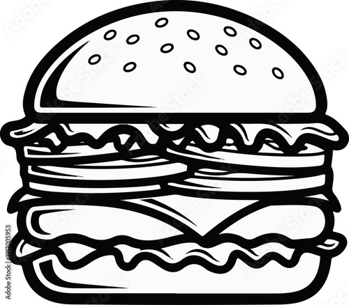 A classic black and white illustration of a fully loaded hamburger