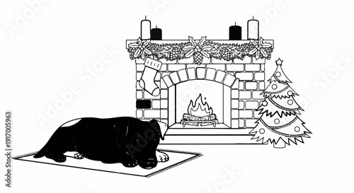 A black dog rests on a rug by a festive fireplace and decorated Christmas tree