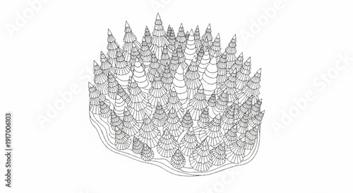 A dense forest illustration with many stylized trees and a curving foreground