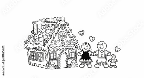 A gingerbread house and family of gingerbread cookies stand on a white background