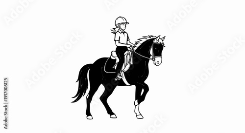 A girl in a helmet rides a black horse in a cartoon style