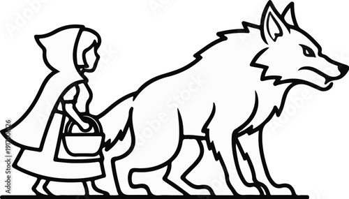 A girl in a red cloak with a basket walks alongside a wolf