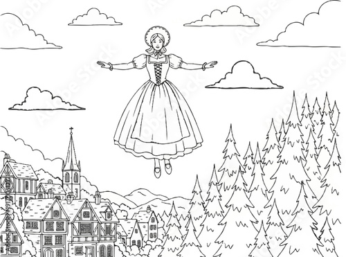 A girl in a flowing dress floats among clouds, above a village and forest