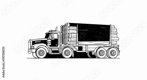 A detailed black and white drawing of a large truck carrying a load of logs