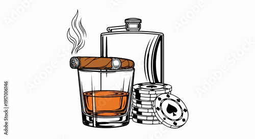 A glass of whiskey, a cigar with smoke, a flask, and poker chips