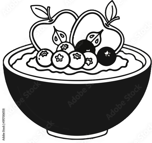 A bowl of porridge topped with sliced apples and blueberries