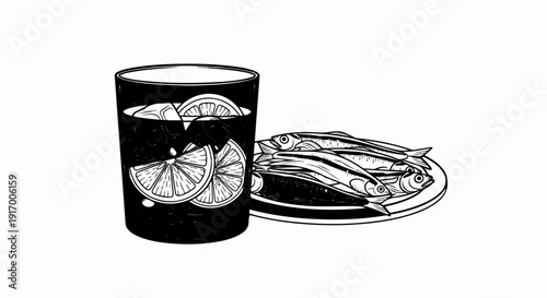 A glass of dark liquid with ice and citrus slices, next to a plate of fish