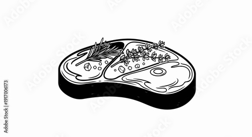 A detailed black and white illustration of a raw steak with herbs and salt