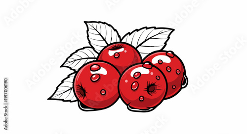 A cluster of four bright red apples with leaves and water droplets