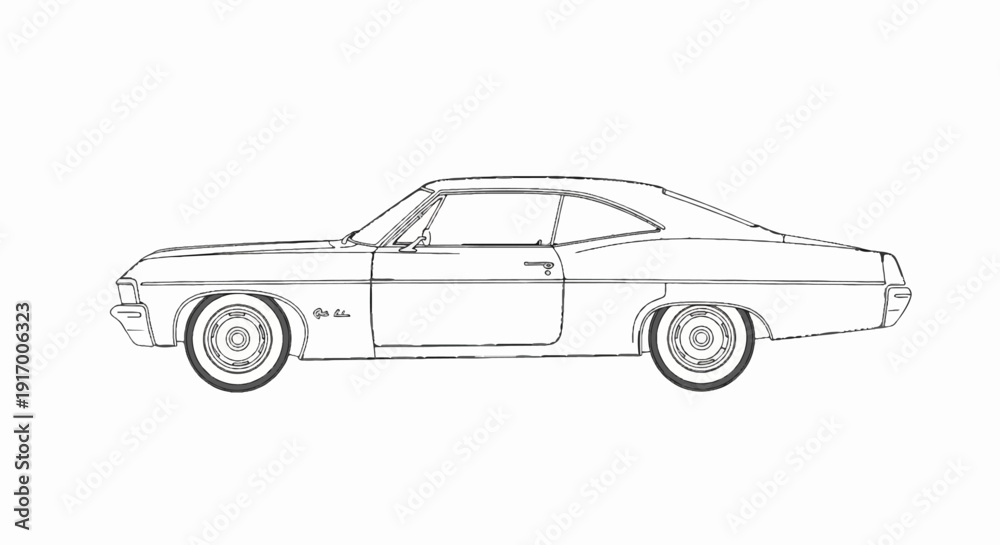Fototapeta premium A detailed black and white outline drawing of a classic two-door coupe automobile