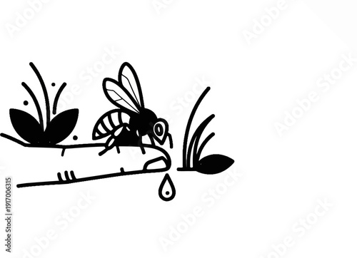 A graphic illustration of a bee on a finger with plants and a falling drop