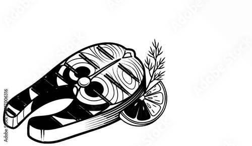 A graphic illustration of a grilled salmon steak with lemon and dill