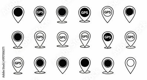 A collection of 15 distinct location pin icons in black and white