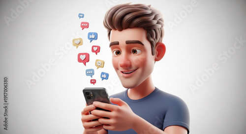 Young man happily engaging with social media on smartphone
