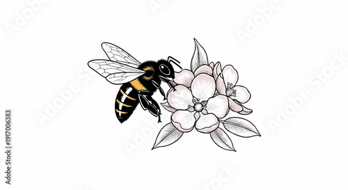 A detailed illustration of a bee collecting nectar from delicate pink blossoms