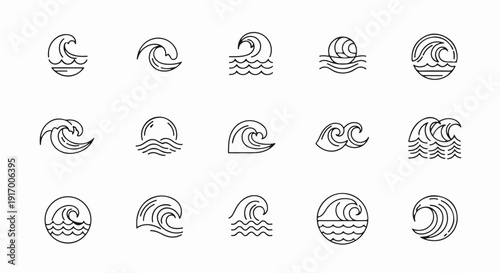 A collection of 15 stylized wave icons in black outline on a white background