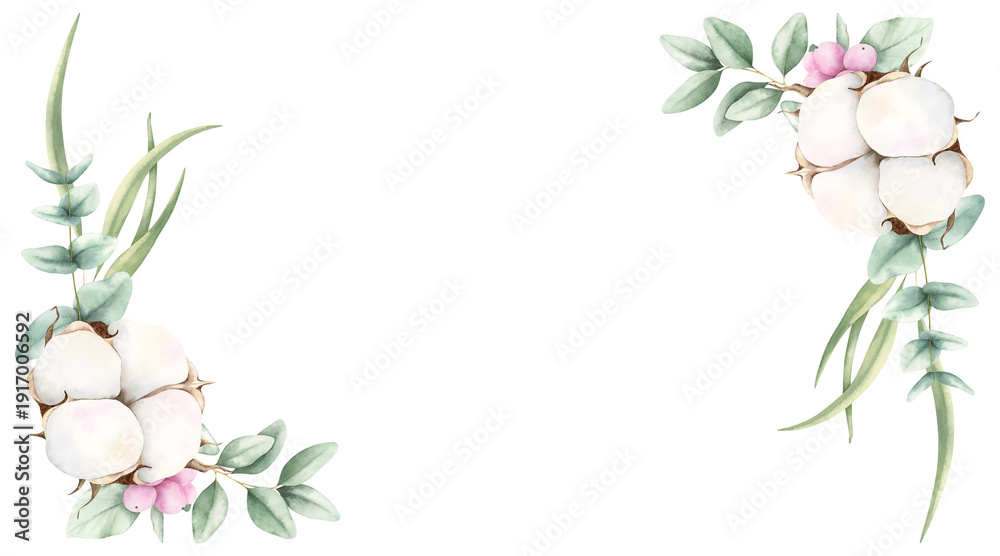 Fototapeta premium Cotton, green eucalyptus leaves, pink berries corner frame. Watercolor illustration isolated on white background. Botanical hand drawn painting with copy space for greeting cards, wedding invitations