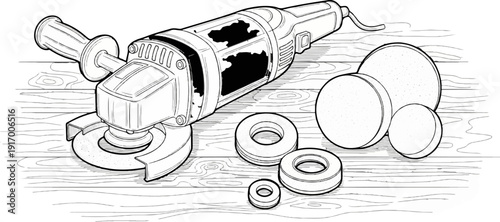 A grinder tool rests on a wooden surface with discs and rings
