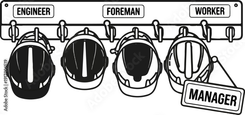 A line of hard hats hangs from hooks, labeled by role