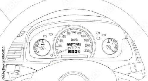 A detailed line drawing of a car's dashboard, showing a speedometer, tachometer, and odometer