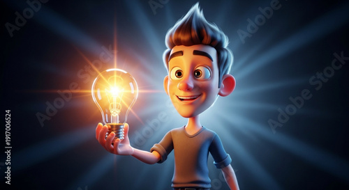 Cartoon man holding glowing lightbulb with idea