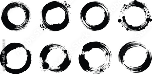 Black vector illustration of ink brush circles with splatter effects, Japanese enso symbol style, Zen decorative artistic design motifs