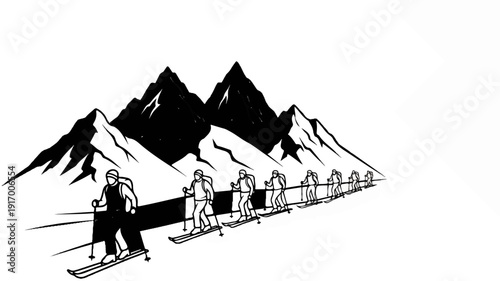 A line of skiers descend snowy slopes towards jagged mountain peaks